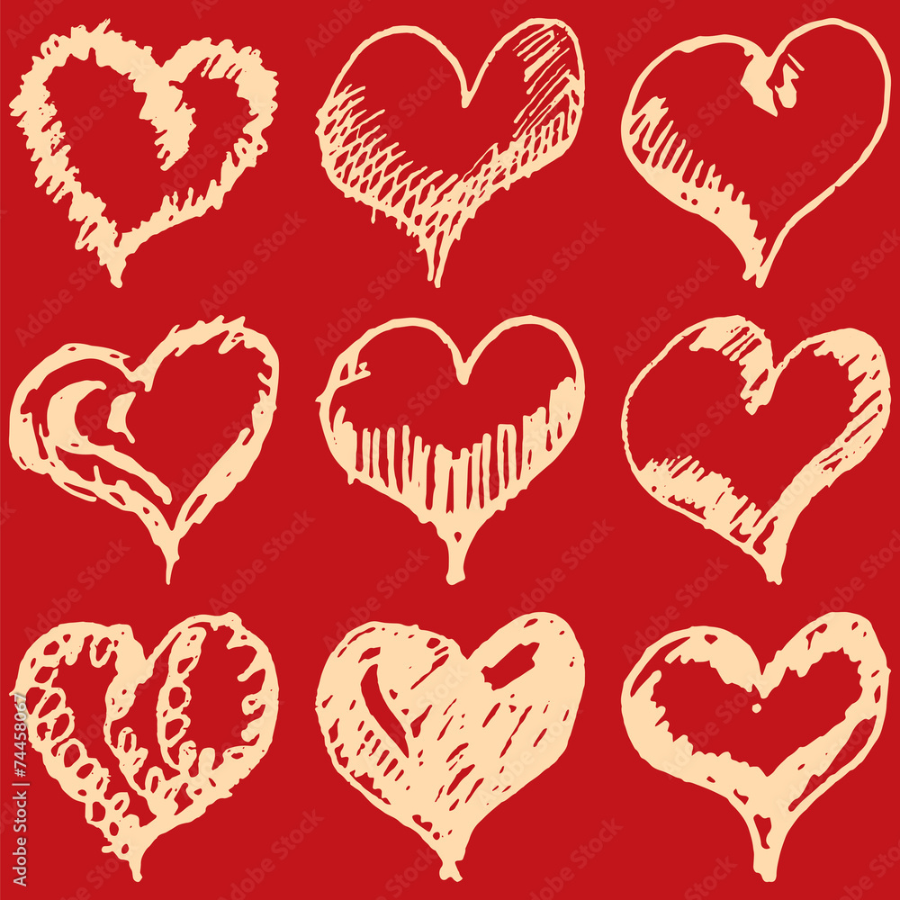 valentine hearts sketch set on red background valentine hearts sketch set on red background