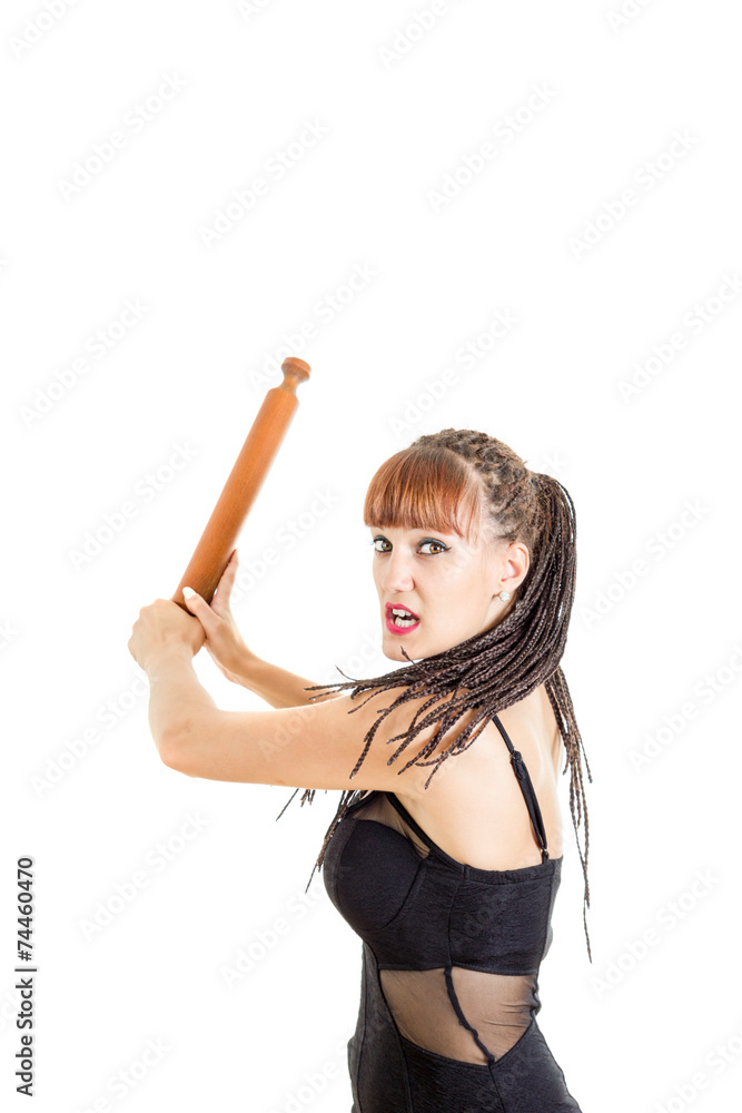 Beautiful woman using rolling pin for fight Beautiful woman using rolling pin for fight