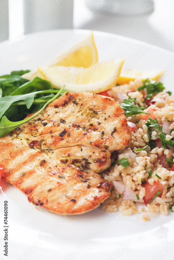 Chicken meat with bulgur and rocket salad Chicken meat with bulgur and rocket salad