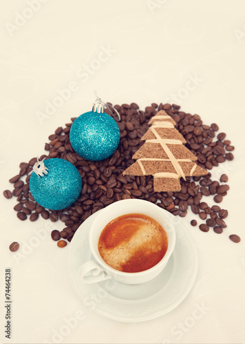 Сoffee and new year decoration, toned