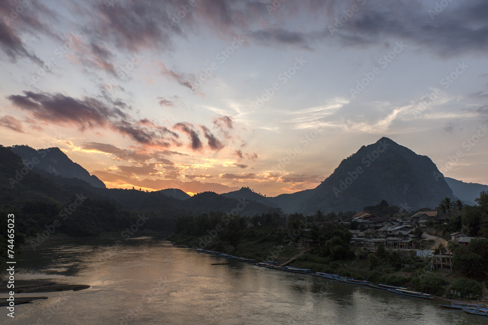 Ou River at sunset in Nong Khiaw, Laos