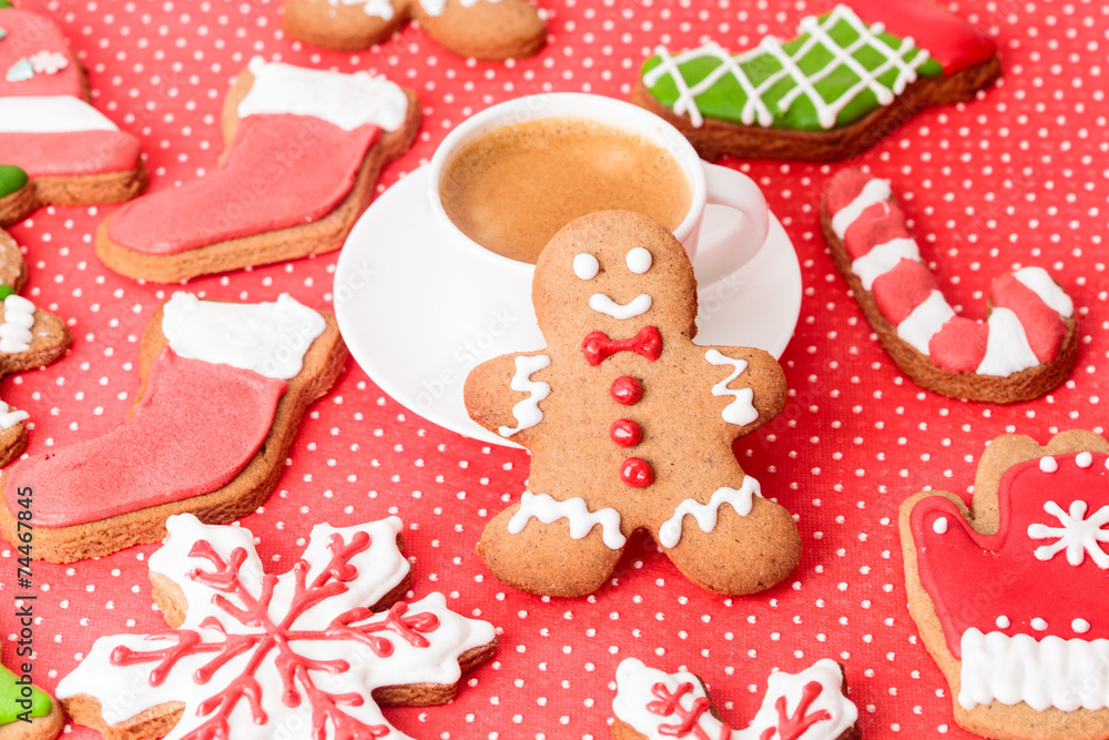 Coffee cup and christmas cookies