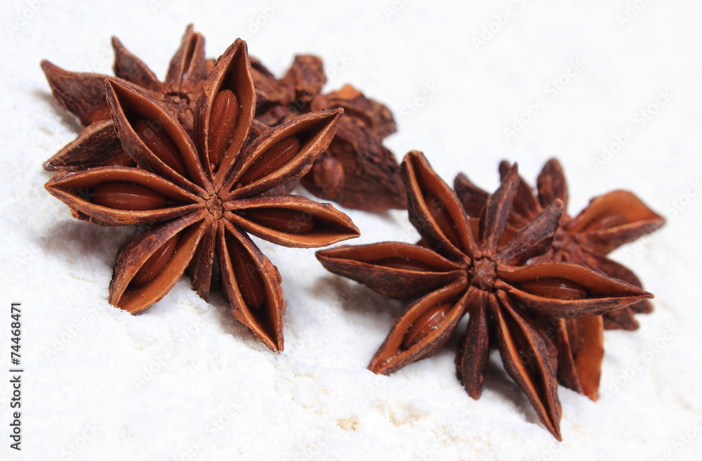 Star anise spice on white flour Star anise spice on white flour