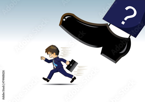 Businessman running away from Very big shoes