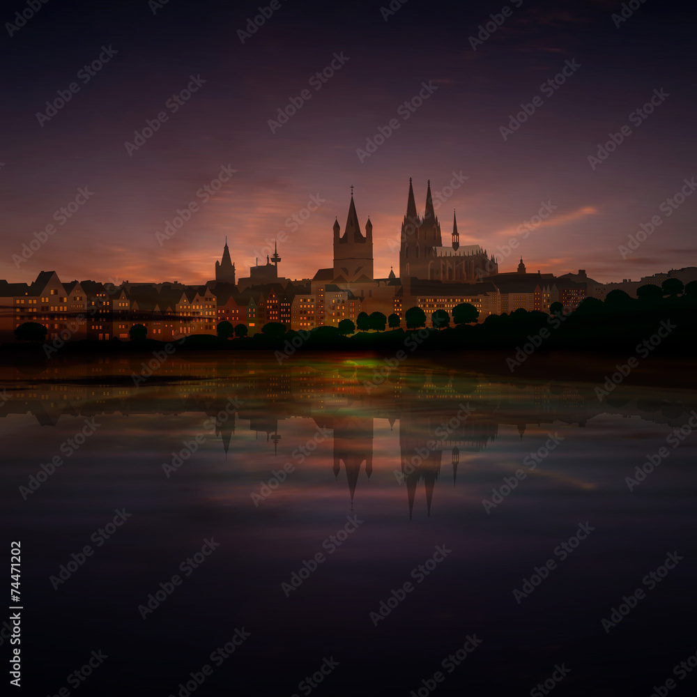 abstract background with silhouette of cologne and sunset
