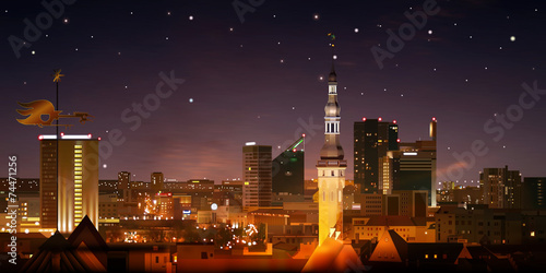 abstract nature background with sunset and cityscape