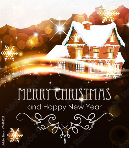House on abstract Christmas background