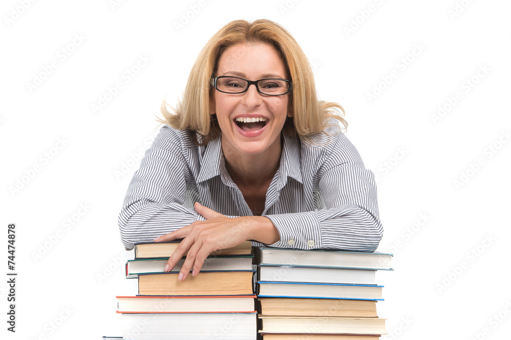 Portrait of happy female advocate leaning on books. Portrait of happy female advocate leaning on books.