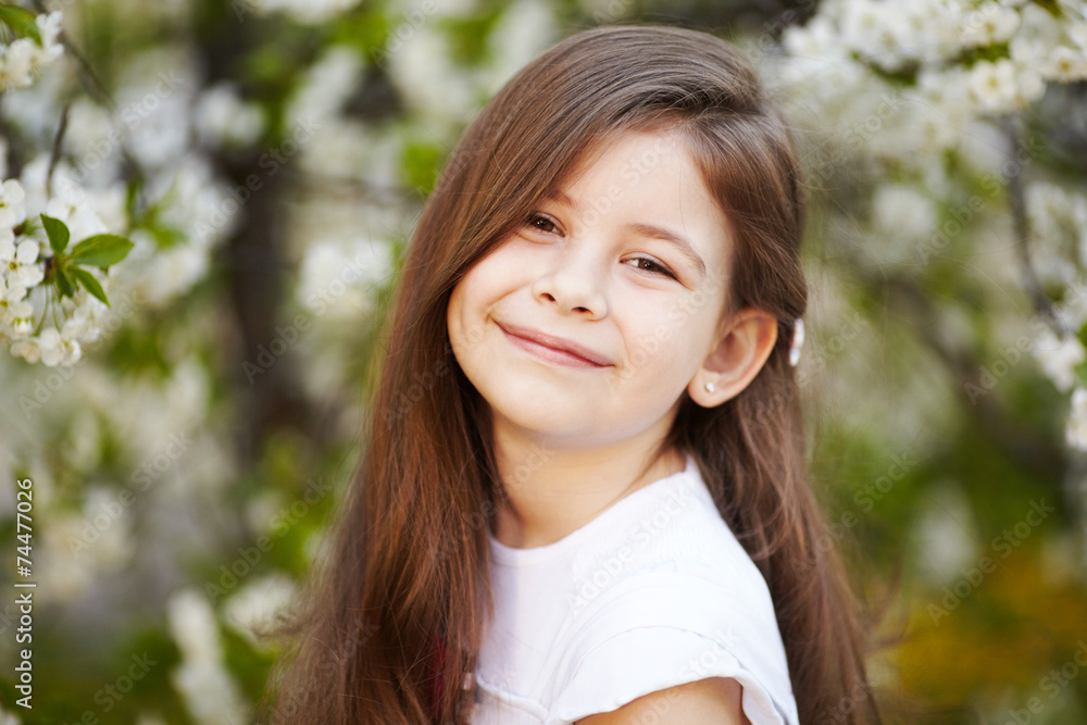 girl near the apple tree flowers girl near the apple tree flowers