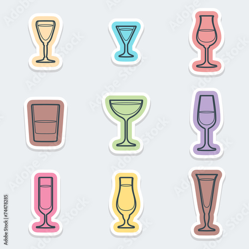 vector various color alcohol glasses labels icons with shadow