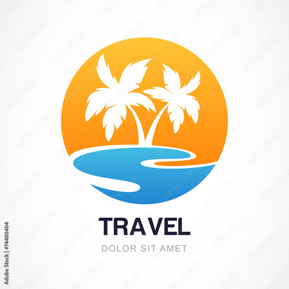Vector logo design template. Green palm on seaside. Concept for