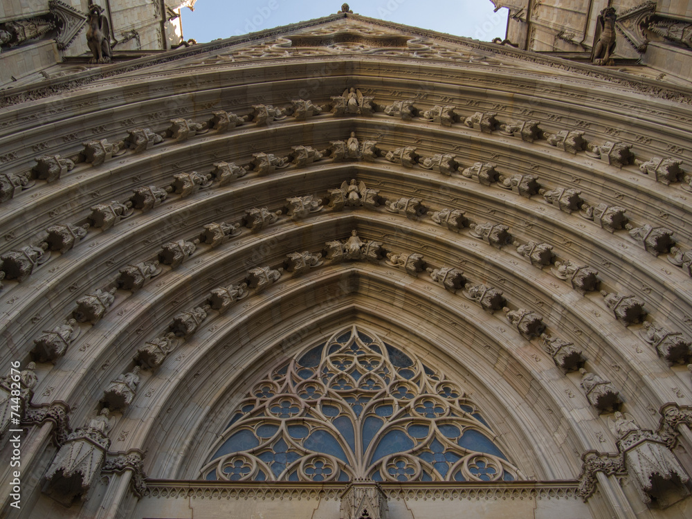 Gothic Catholic Cathedral Facade Steeples Barcelona Catalonia Sp