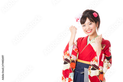 japanese woman wearing kimono cheering