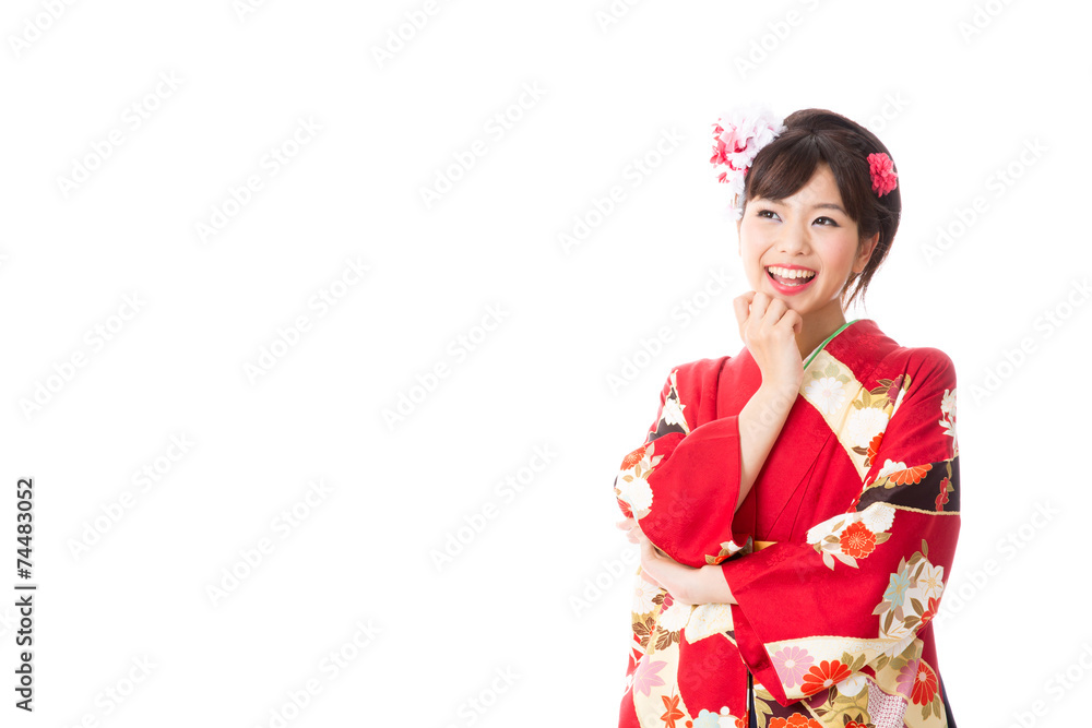 japanese woman wearing kimono thinking