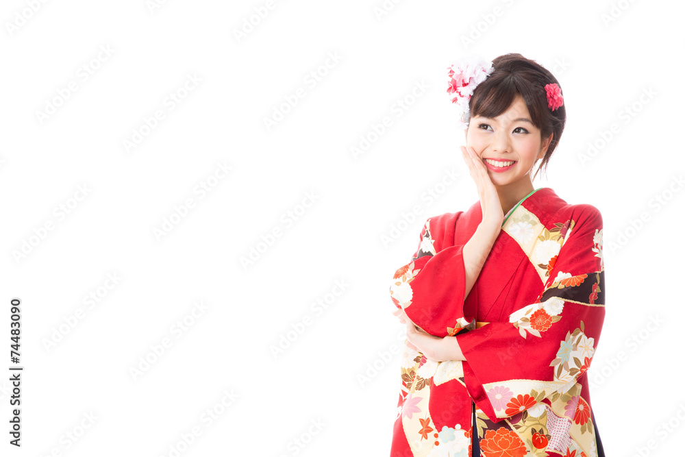 japanese woman wearing kimono thinking