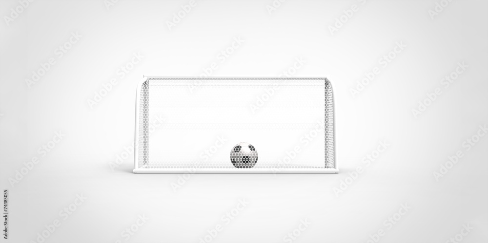 A black and white soccer ball football and a goal post