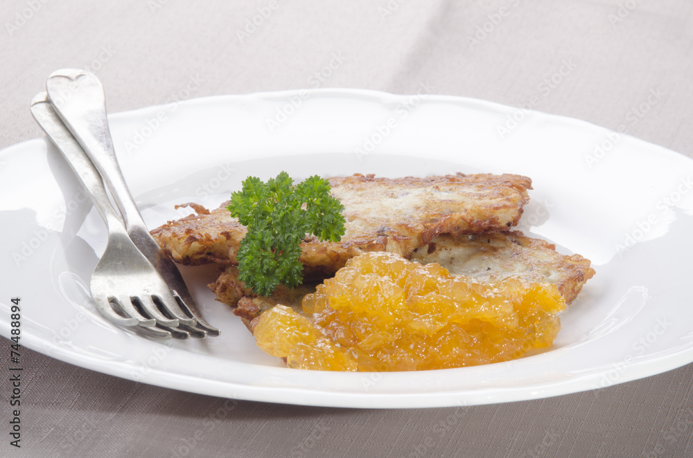 potato pancake with apricot jam