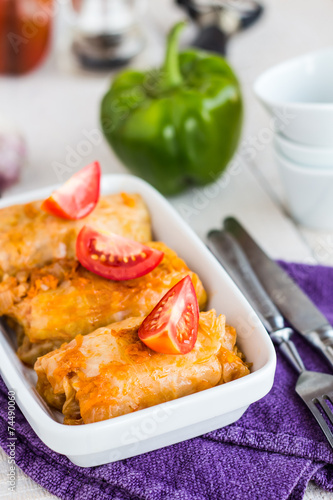 Braised cabbage with meat and rice in tomato sauce