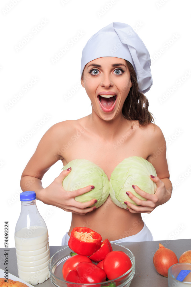 sexy chef, big tits, cabbage. Stock Photo | Adobe Stock