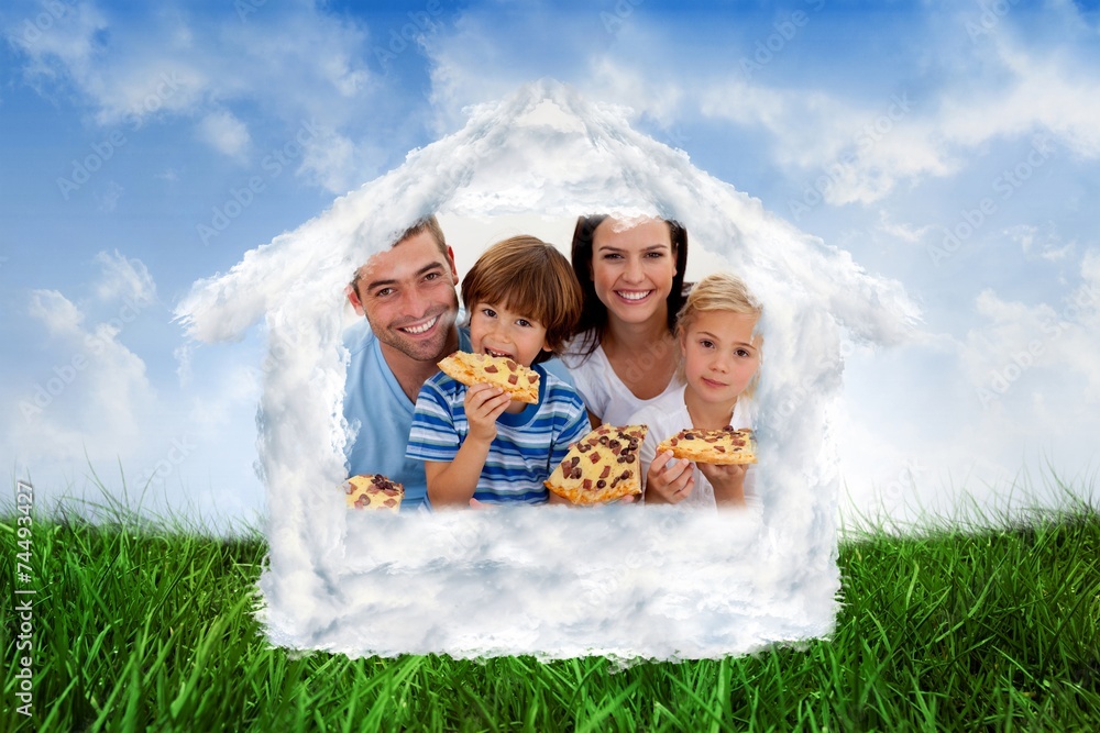 Composite image of portrait of family eating pizza in livingroom Composite image of portrait of family eating pizza in livingroom