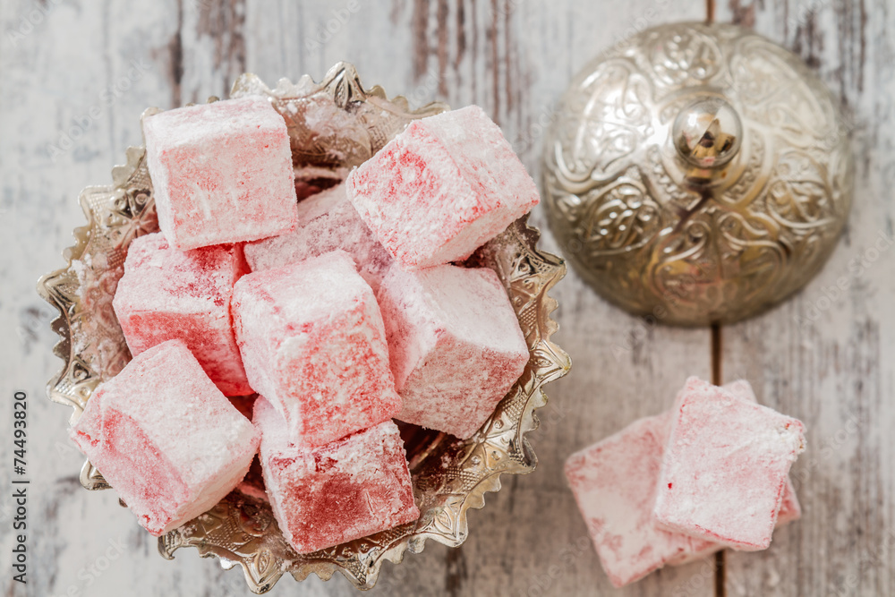 Fototapeta premium Rose Flavoured Turkish Delight on White Wooden Background