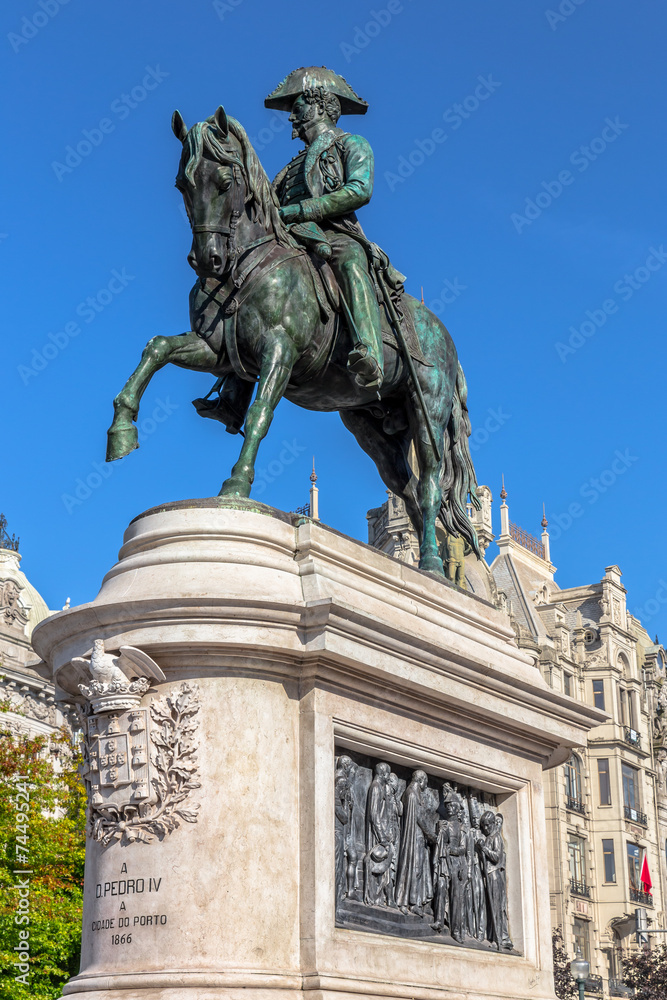 Statue of the king Pedro IV on the Liberdade square in Porto