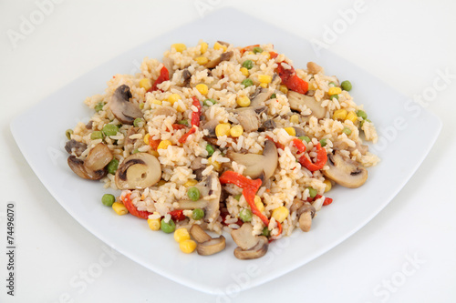 rice with vegetable on white plate