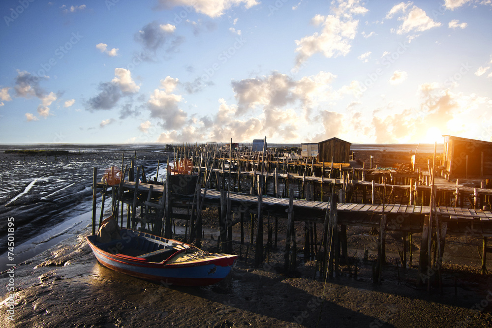 Fototapeta premium View of an old fisherman palaphitic pier on the Sado marshlands.