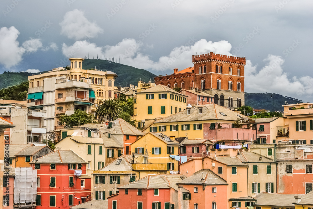 Skyline of Boccadasse, a sea district of Genoa famous for the colored houses