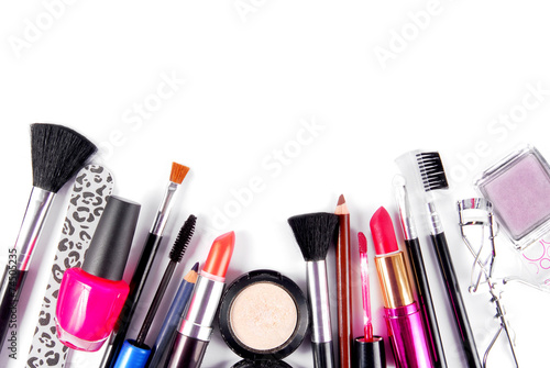 makeup and brushes cosmetic set isolated on white