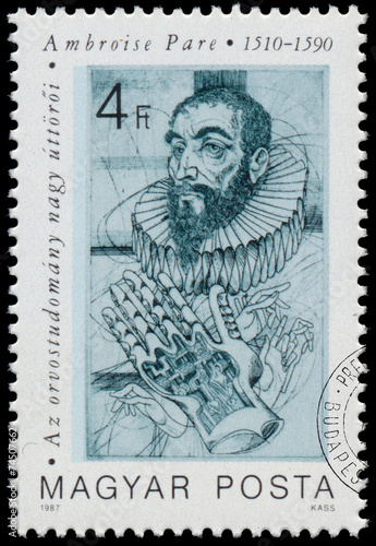 Stamp printed in Hungary shows Ambroise Pare photo