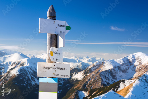 Tatra mountains signpost on Kasprowy Wierch, Poland