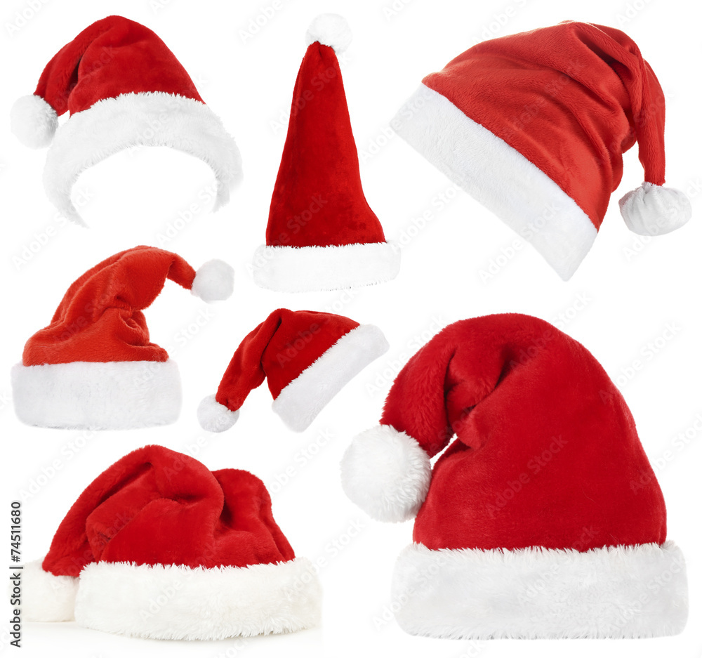 Collage of Santa hats isolated on white Collage of Santa hats isolated on white