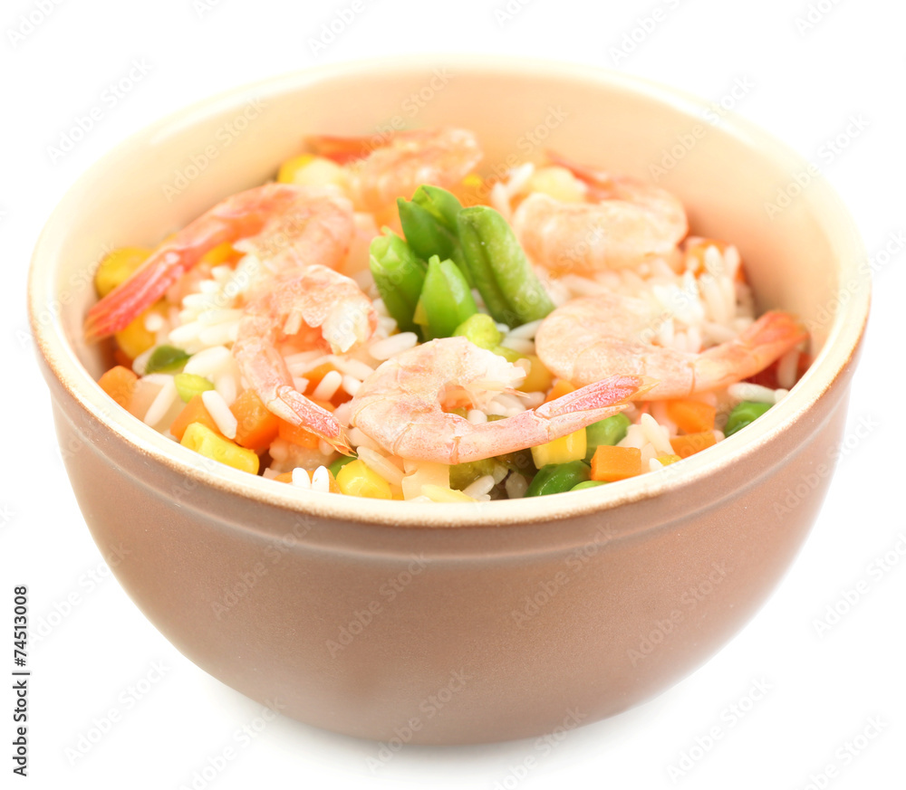 Boiled rice with shrimps and vegetables isolated on white Boiled rice with shrimps and vegetables isolated on white
