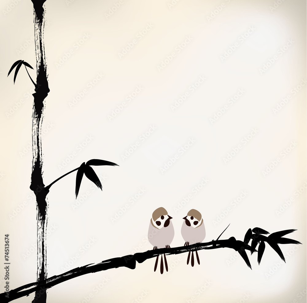 Fototapeta premium ink painted bamboo and bird