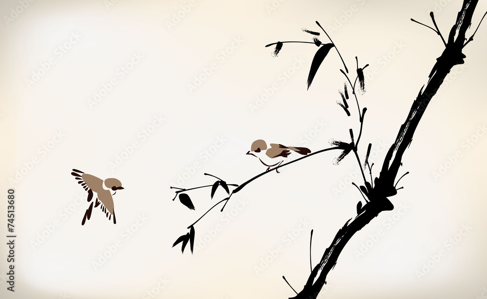 Naklejka premium ink painted bamboo and bird