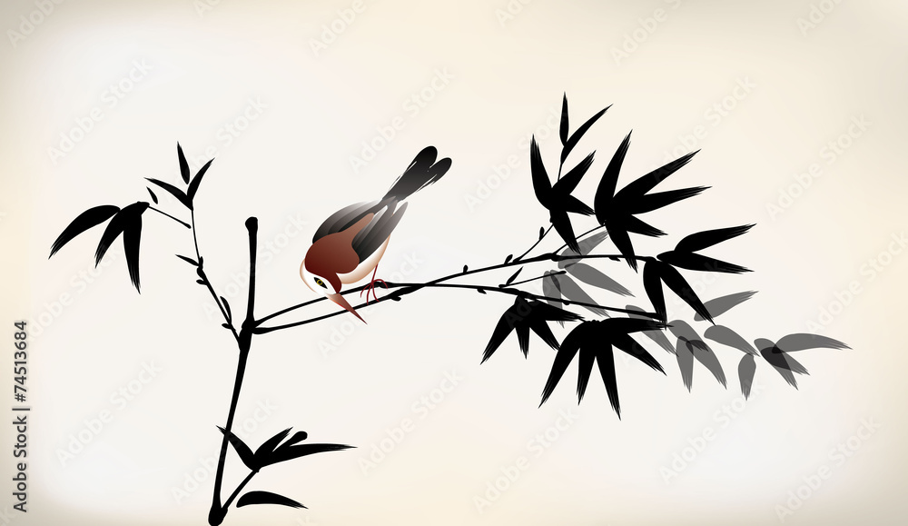 Fototapeta premium ink painted bamboo and bird