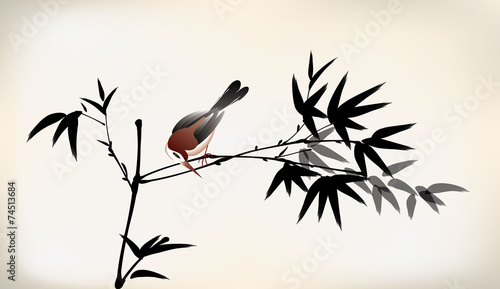 ink painted bamboo and bird