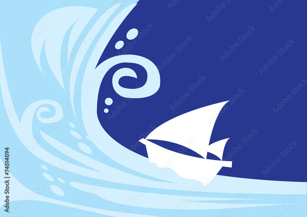 Big Tsunami wave with small vulnerable sailing boat Big Tsunami wave with small vulnerable sailing boat