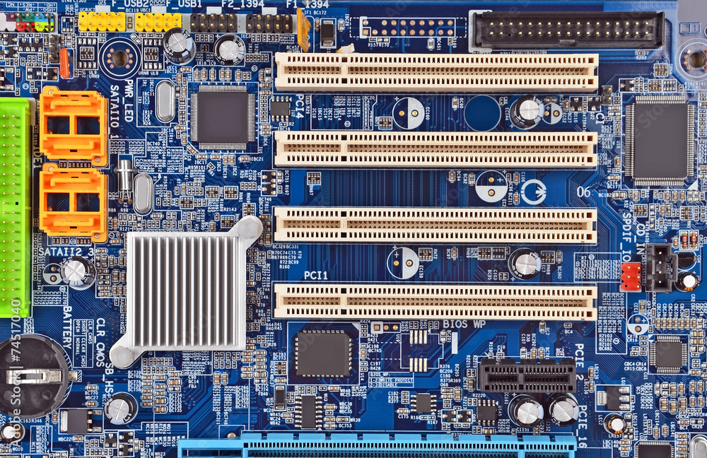 Printed computer motherboard with microcircuit, close up, DOF Printed computer motherboard with microcircuit, close up, DOF