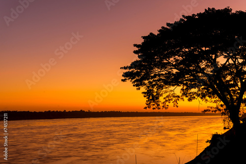 Beautiful sunrise out with silhouetted of tree at Mekong river, © CasanoWa Stutio