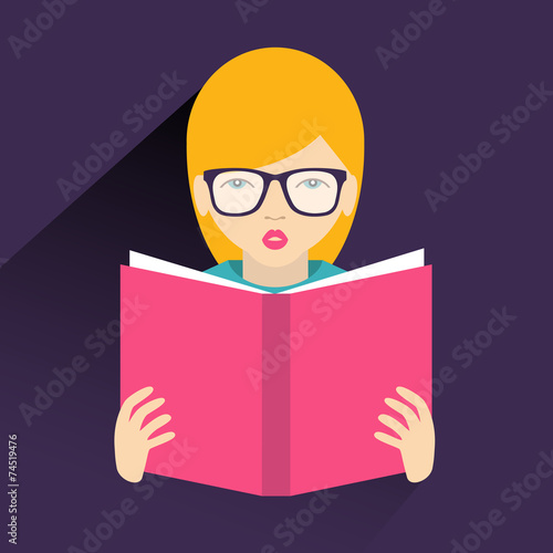 Girl reading a book. Flat vector.