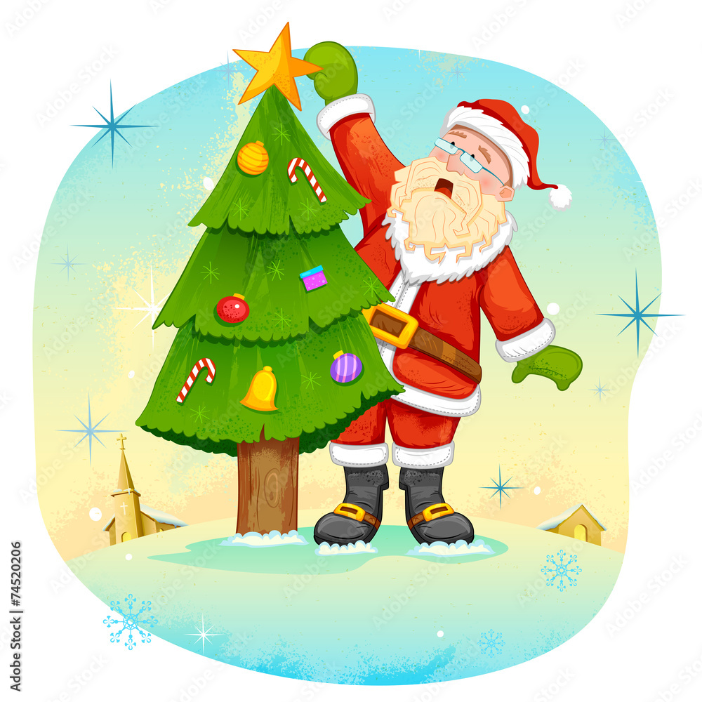 Santa Claus decorating Christmas tree Santa Claus decorating Christmas tree