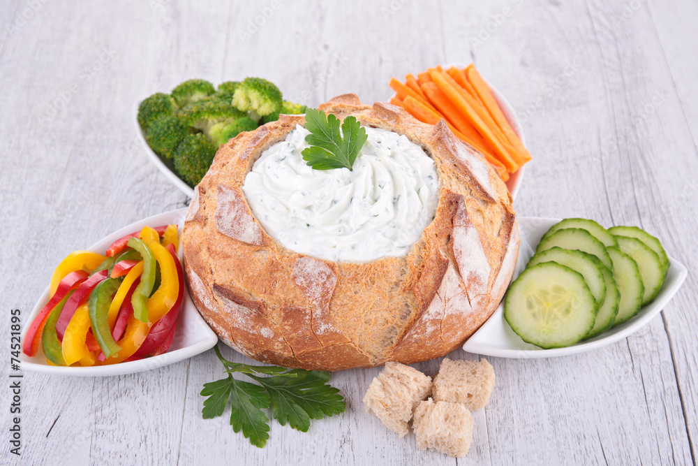bread bowl, vegetable and dip