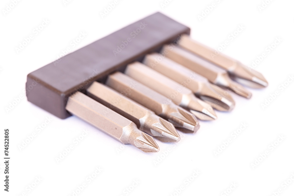 Set of screwdriver spare part isolated on a white background. Set of screwdriver spare part isolated on a white background.