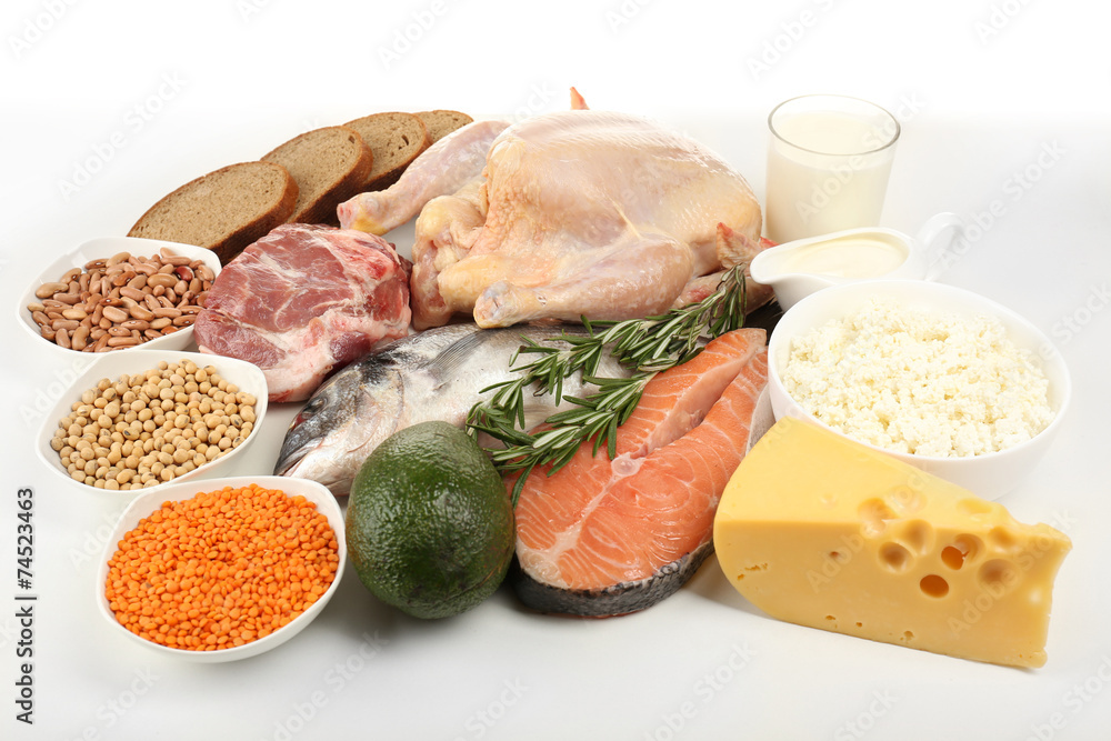Food high in protein isolated on white Food high in protein isolated on white