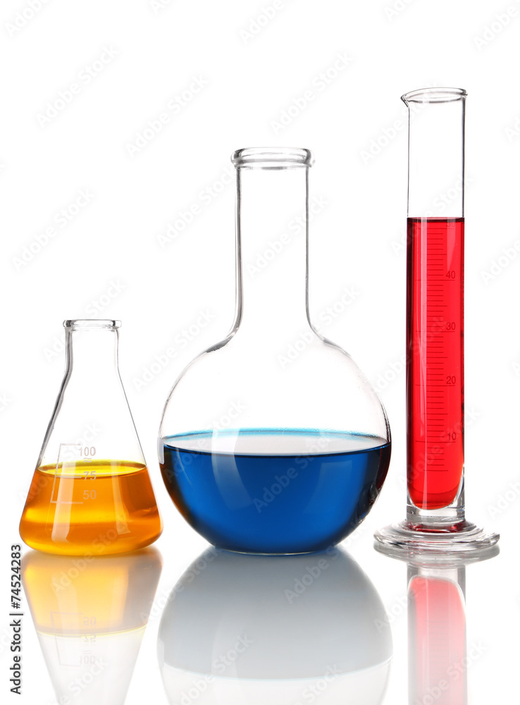 Test-tube and flasks with colorful fluid isolated on white Test-tube and flasks with colorful fluid isolated on white