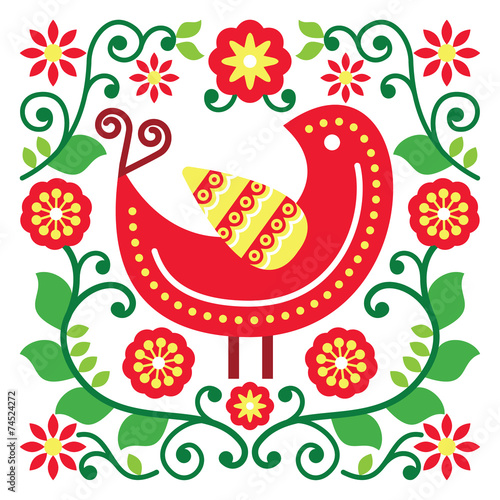 Folk art vector pattern with bird and flowers