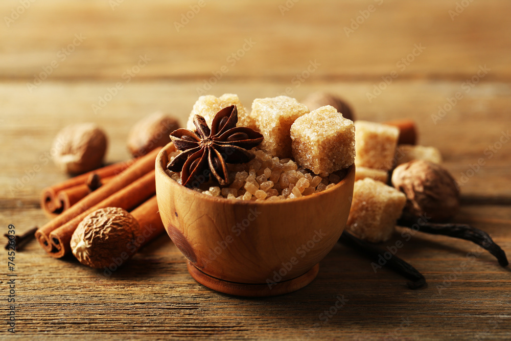 Fototapeta premium Christmas spices and baking ingredients on wooden background