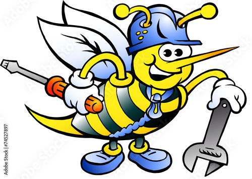 Happy Working Bee Holding Wrench and Screw Driver